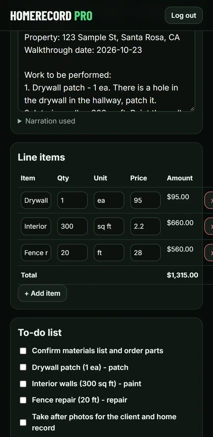 A written scope with editable line items and a to-do list